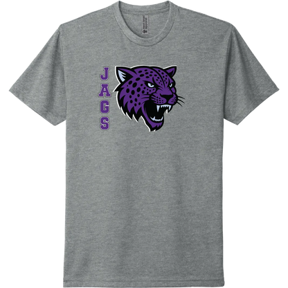 A dark heather grey short-sleeve tee with a purple River Mill Academy Jaguar mascot graphic.