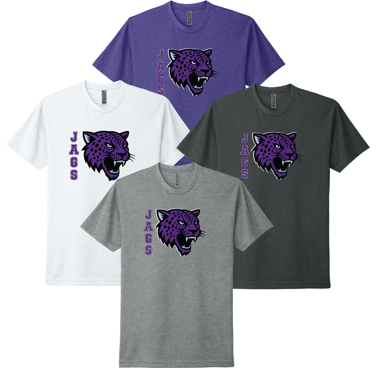 River Mill Academy Jaguar Mascot Tee shown in White · Dark Heather Grey · Charcoal on a white background.