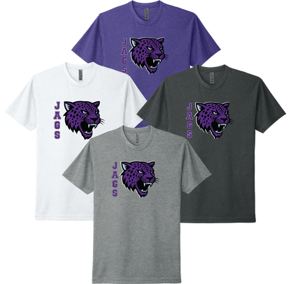 River Mill Academy Jaguar Mascot Tee shown in White · Dark Heather Grey · Charcoal on a white background.