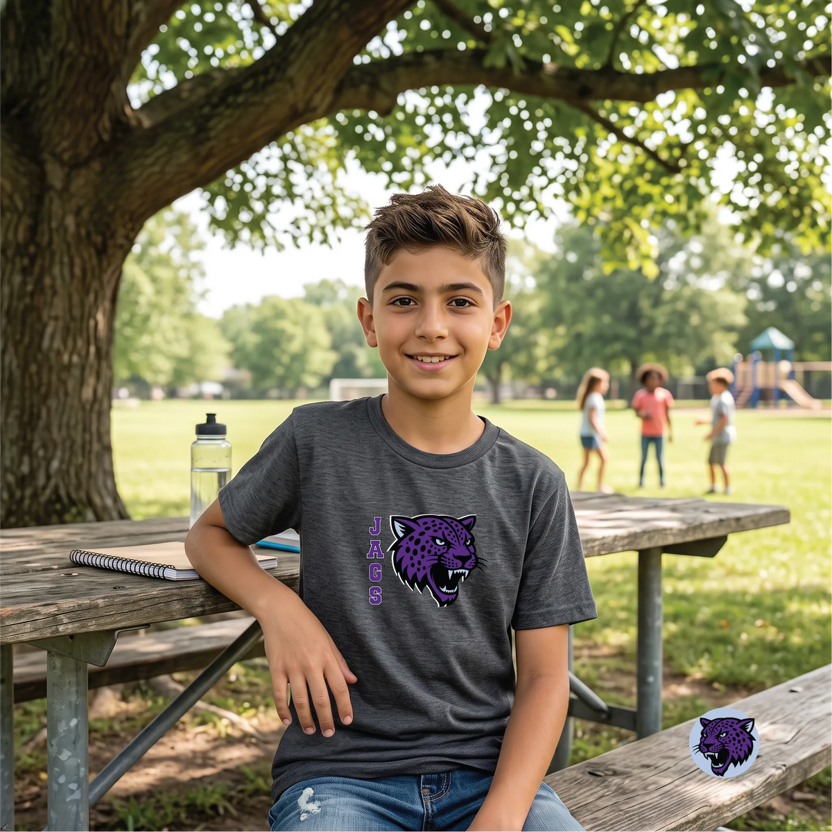 A model wearing the River Mill Academy Jaguar Mascot Tee.
