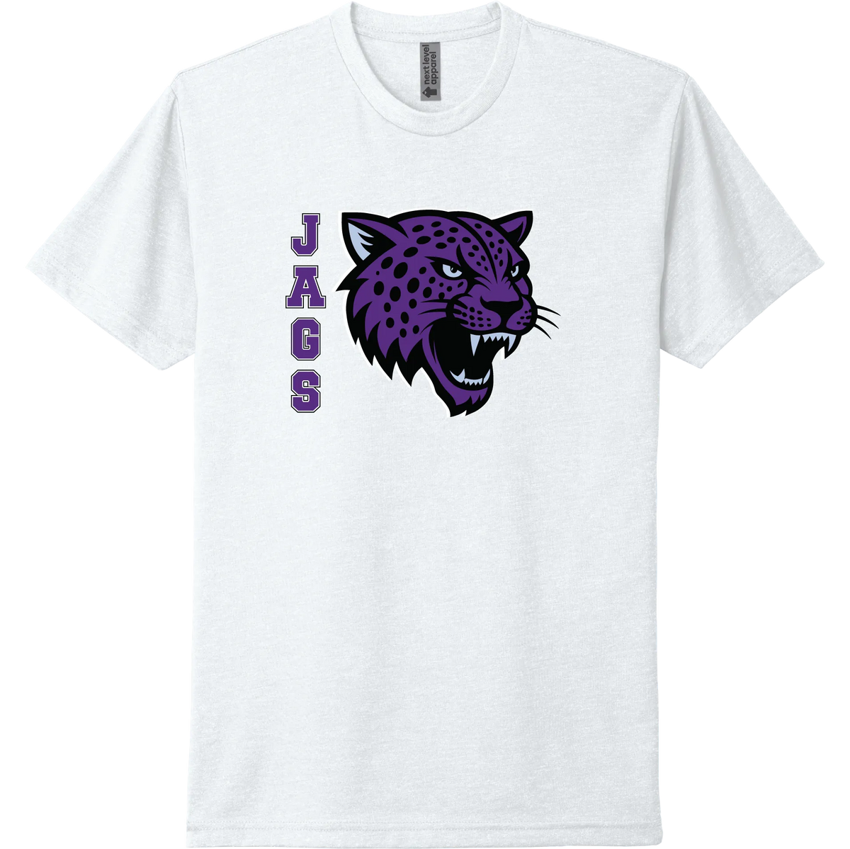 A white short-sleeve tee with a purple River Mill Academy Jaguar mascot graphic.