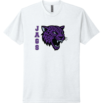 A white short-sleeve tee with a purple River Mill Academy Jaguar mascot graphic.