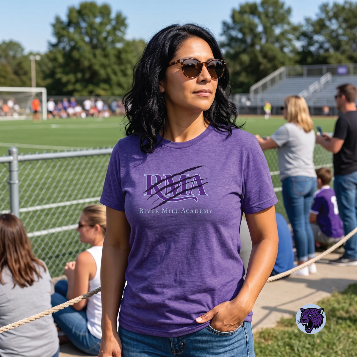 A model wearing the River Mill Academy Jaguars Slash-Through Tee.