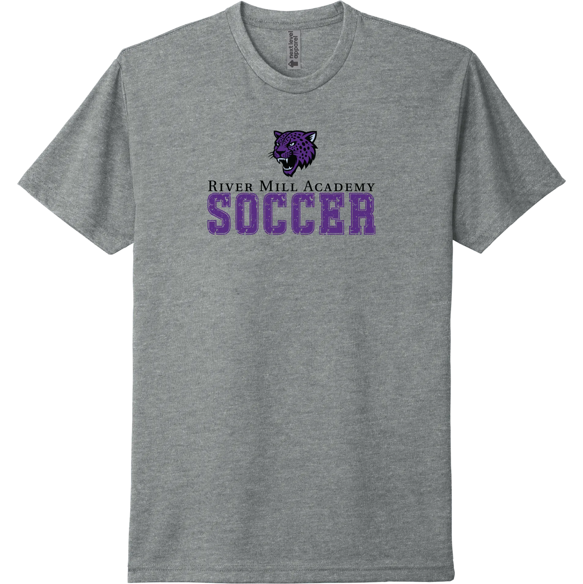 A dark heather grey short-sleeve tee with a distressed purple River Mill Academy soccer design.