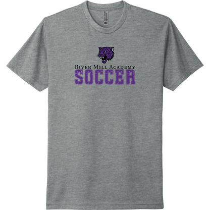 A dark heather grey short-sleeve tee with a distressed purple River Mill Academy soccer design.