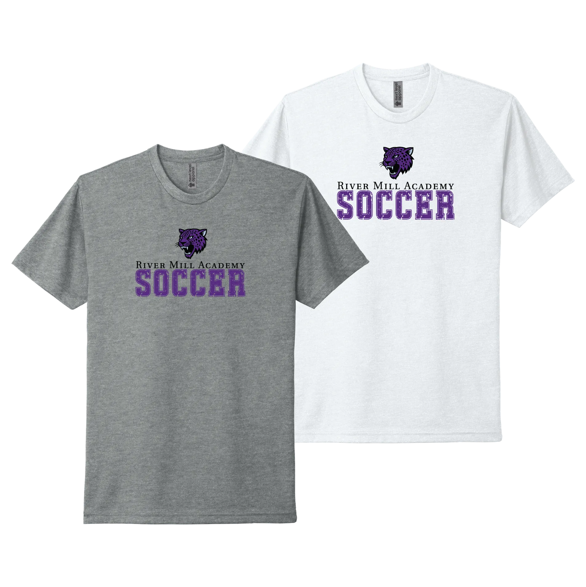River Mill Academy Jaguars Soccer Grunge Tee shown in White · Dark Heather Grey on a white background.