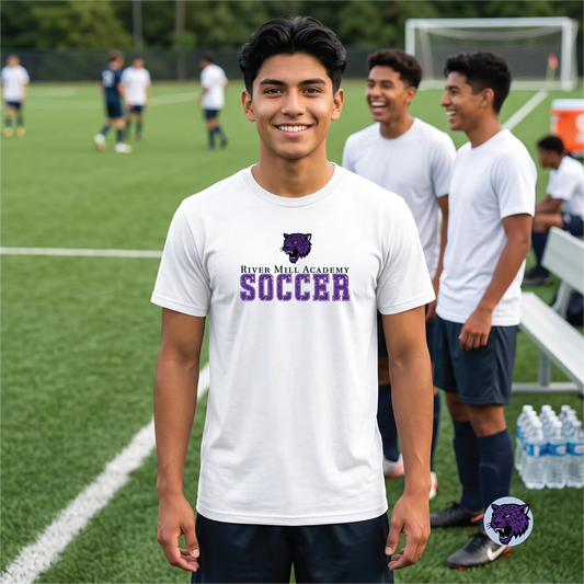 A model wearing the River Mill Academy Jaguars Soccer Grunge Tee.