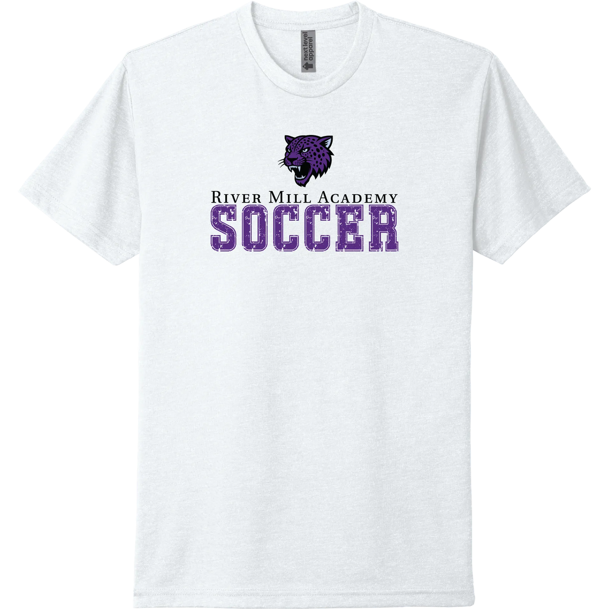 A white short-sleeve tee with a distressed purple River Mill Academy soccer design.