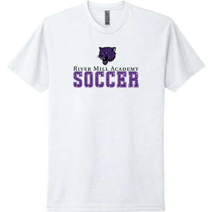 A white short-sleeve tee with a distressed purple River Mill Academy soccer design.