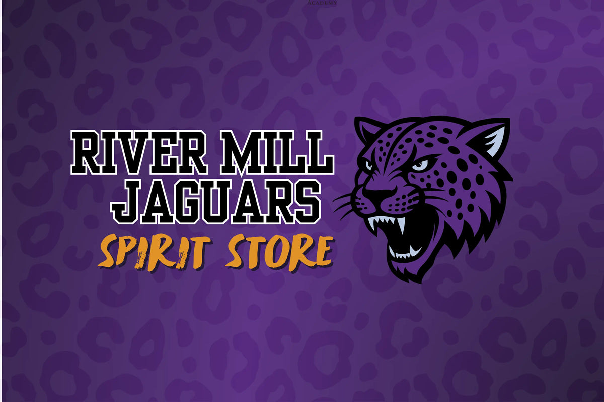 Digital graphic featuring the text 'RIVER MILL JAGUARS SPIRIT STORE' on a purple patterned background, alongside a stylized purple jaguar head mascot logo.
