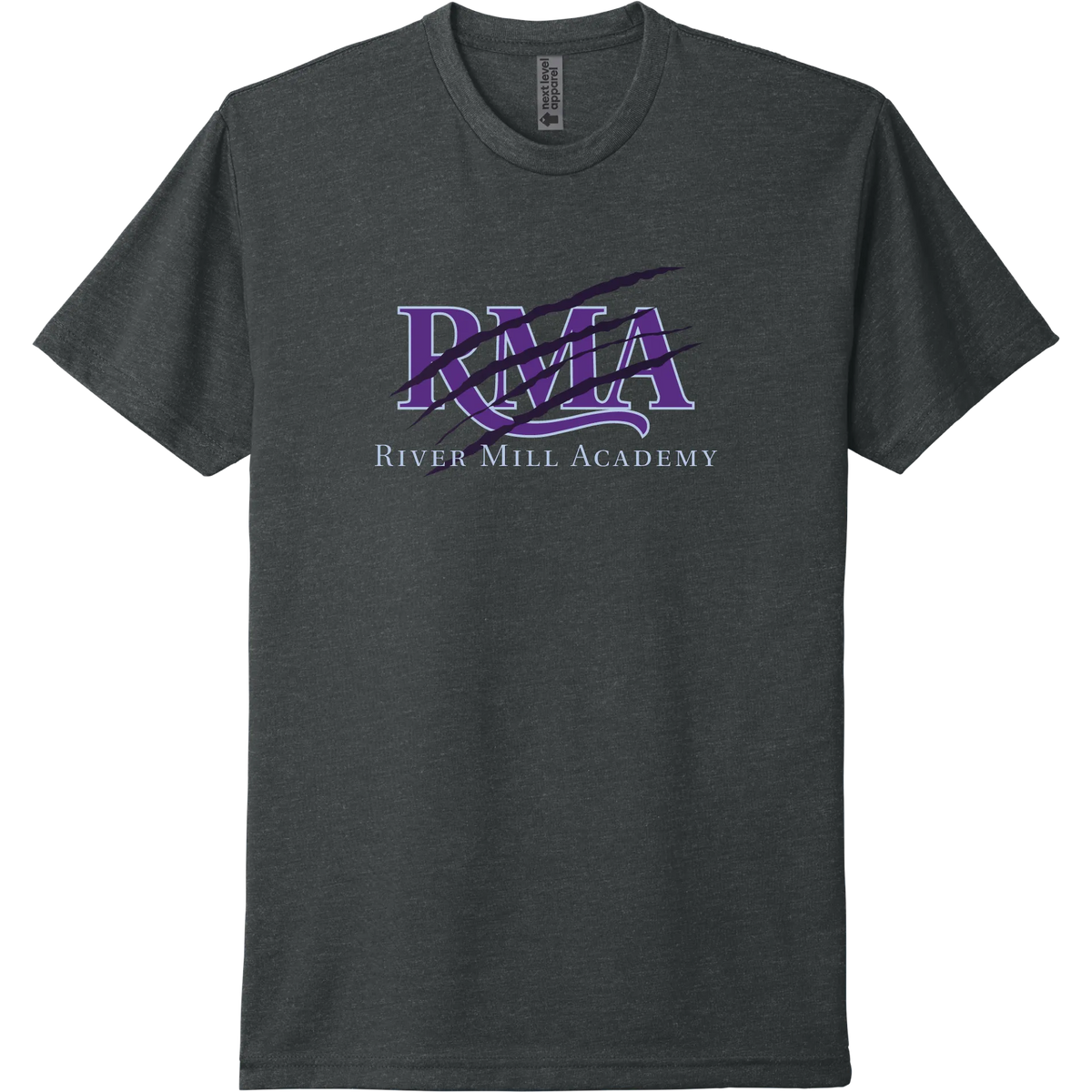 A charcoal short-sleeve tee with a purple River Mill Academy design with a bold athletic slash.