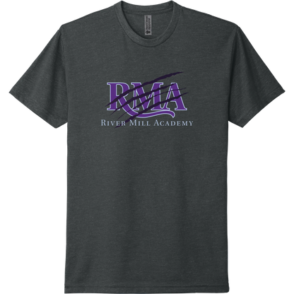 A charcoal short-sleeve tee with a purple River Mill Academy design with a bold athletic slash.
