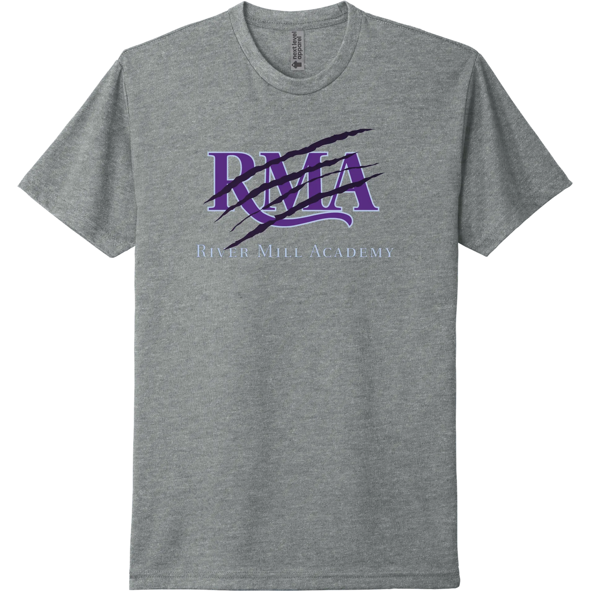 A dark heather grey short-sleeve tee with a purple River Mill Academy design with a bold athletic slash.