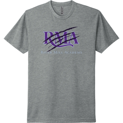 A dark heather grey short-sleeve tee with a purple River Mill Academy design with a bold athletic slash.