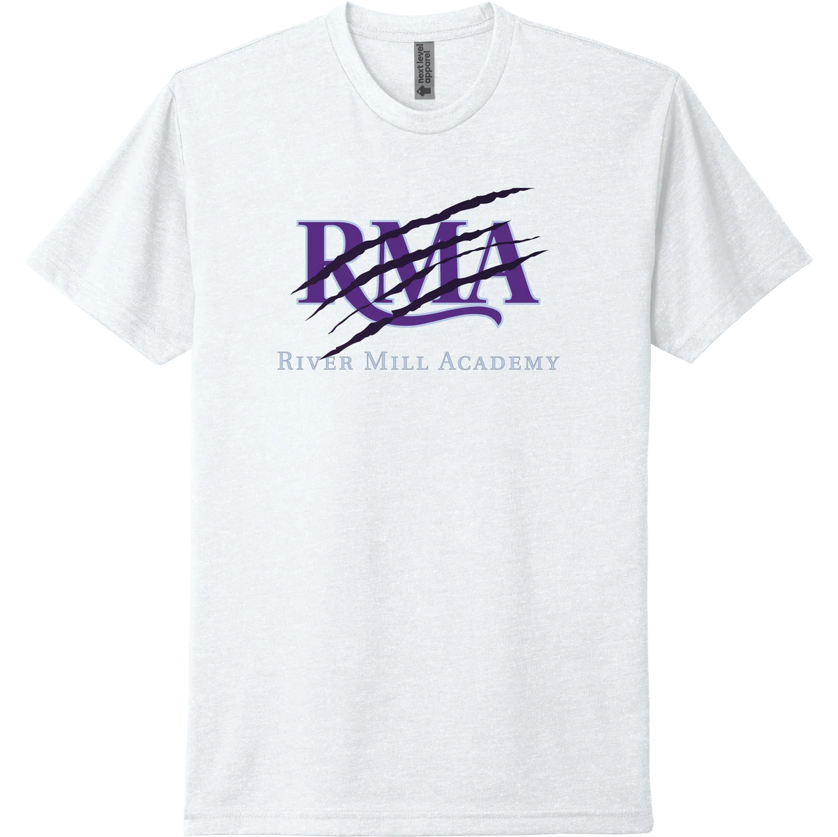 A white short-sleeve tee with a purple River Mill Academy design with a bold athletic slash.