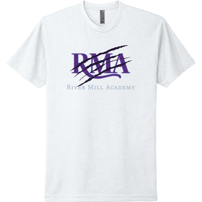 A white short-sleeve tee with a purple River Mill Academy design with a bold athletic slash.