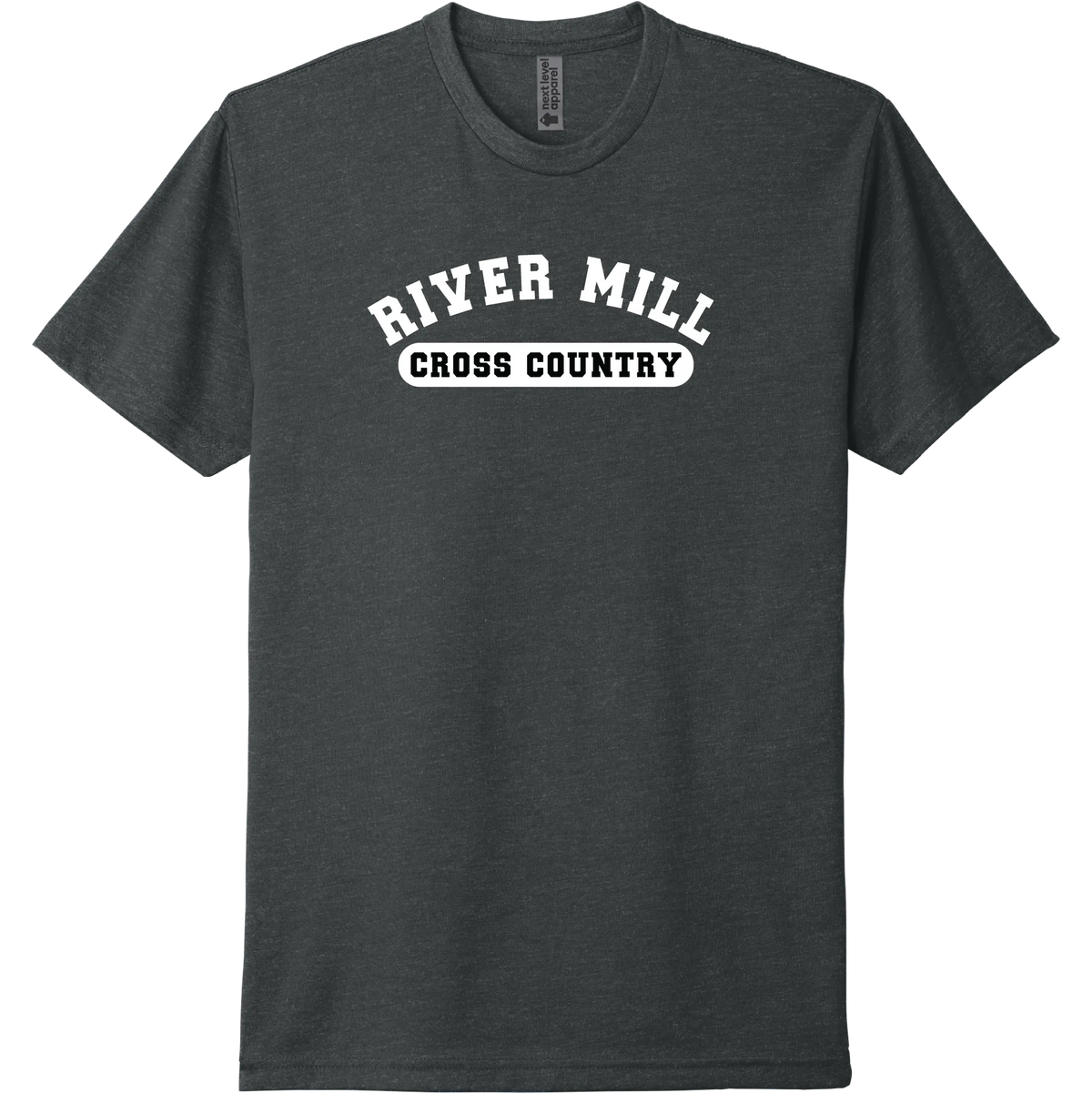 A charcoal short-sleeve tee with a purple River Mill Academy cross country badge.