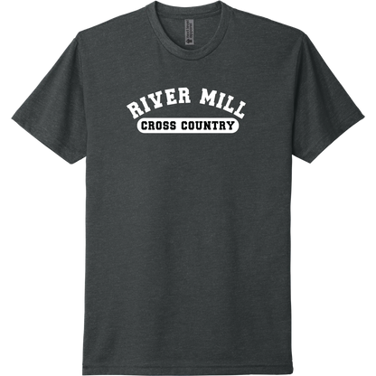 A charcoal short-sleeve tee with a purple River Mill Academy cross country badge.