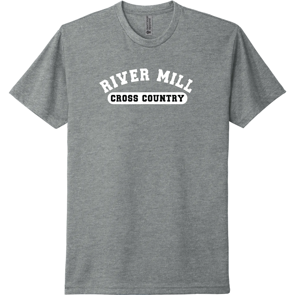 A dark heather grey short-sleeve tee with a purple River Mill Academy cross country badge.