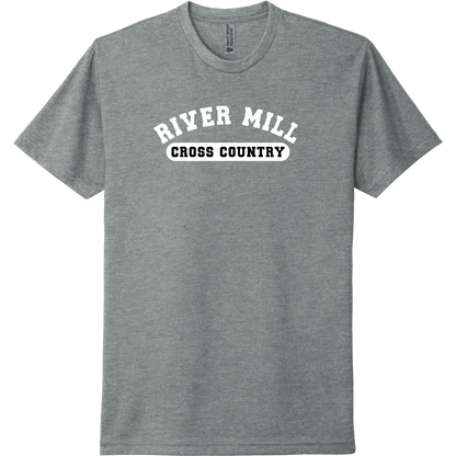 A dark heather grey short-sleeve tee with a purple River Mill Academy cross country badge.