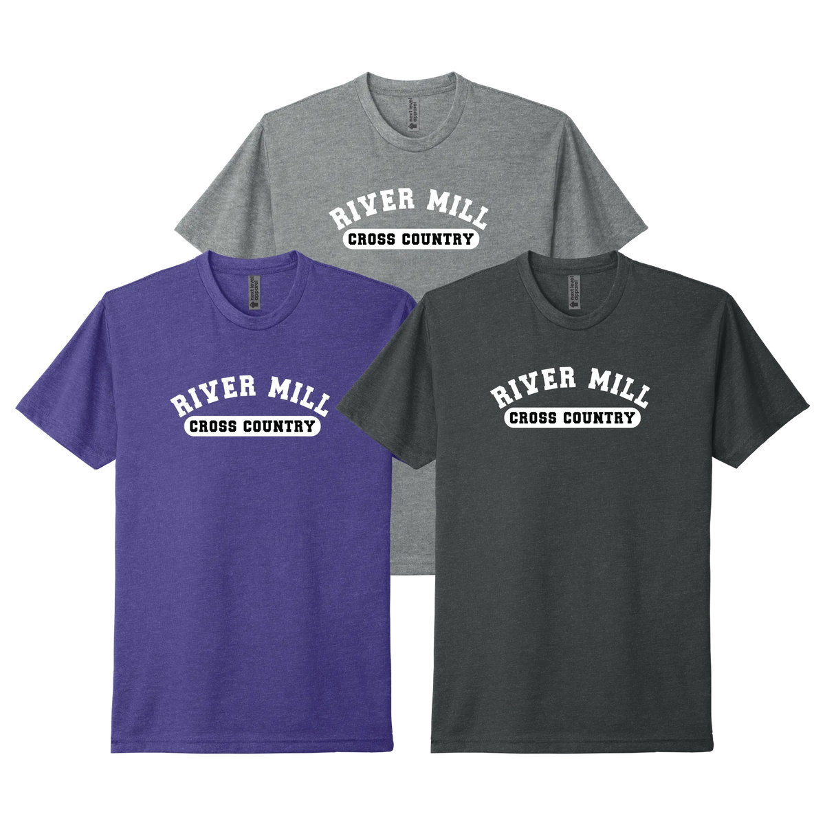River Mill Academy Cross Country Pill Tee shown in Dark Heather Grey · Charcoal on a white background.