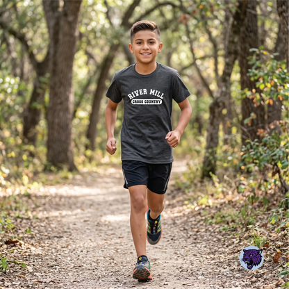 A model wearing the River Mill Academy Cross Country Pill Tee.