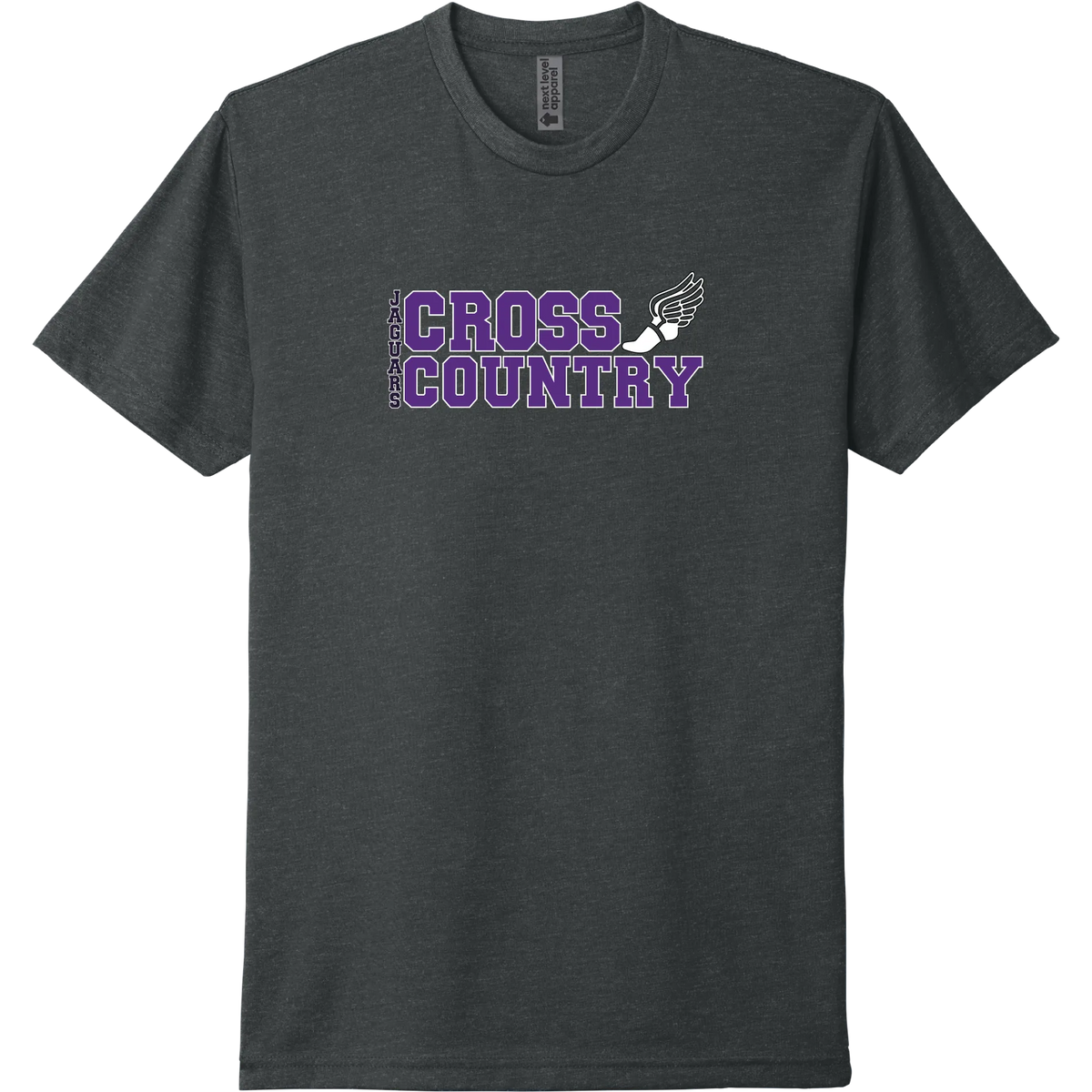 A charcoal short-sleeve tee with a stacked purple 'Cross Country' River Mill Academy design.