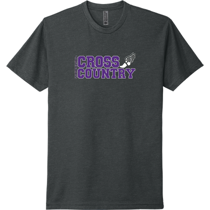 A charcoal short-sleeve tee with a stacked purple 'Cross Country' River Mill Academy design.
