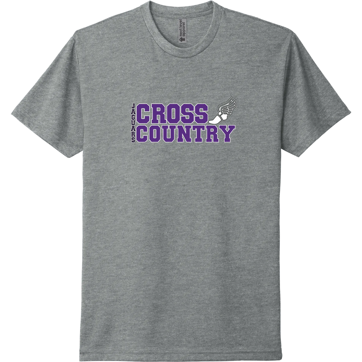 A dark heather grey short-sleeve tee with a stacked purple 'Cross Country' River Mill Academy design.