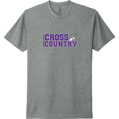 A dark heather grey short-sleeve tee with a stacked purple 'Cross Country' River Mill Academy design.