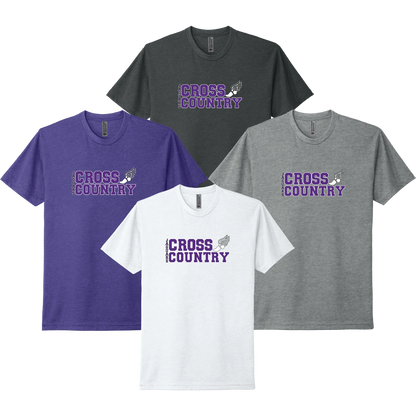 River Mill Academy Cross Country Stack Tee shown in White · Dark Heather Grey · Charcoal on a white background.