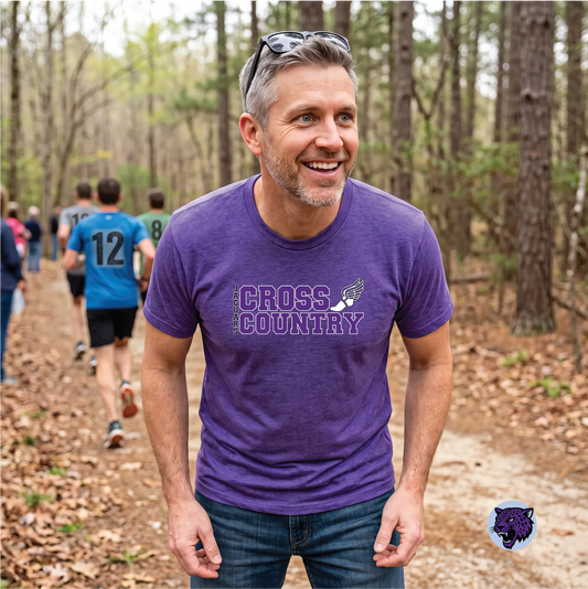 A model wearing the River Mill Academy Cross Country Stack Tee.