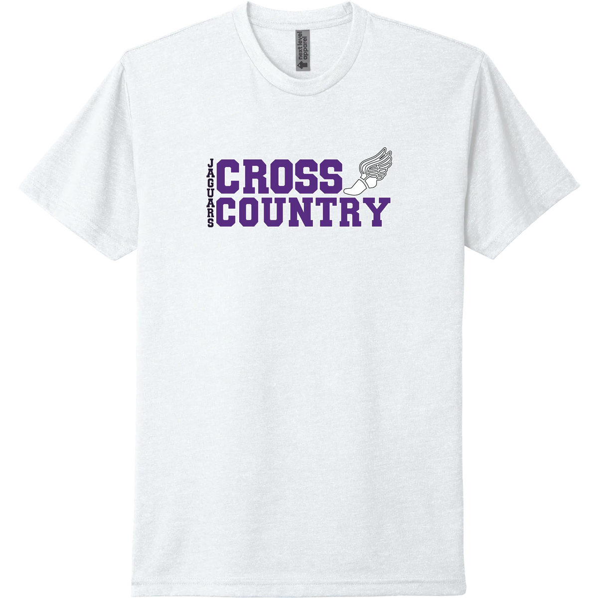 A white short-sleeve tee with a stacked purple 'Cross Country' River Mill Academy design.