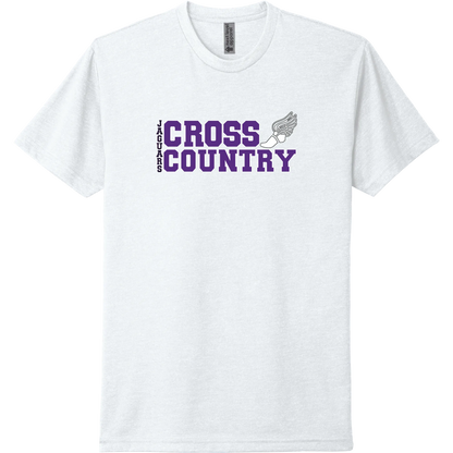 A white short-sleeve tee with a stacked purple 'Cross Country' River Mill Academy design.