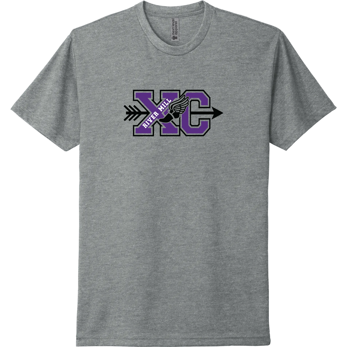 A dark heather grey short-sleeve tee with a purple River Mill Academy cross country design.