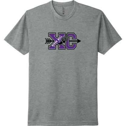 A dark heather grey short-sleeve tee with a purple River Mill Academy cross country design.