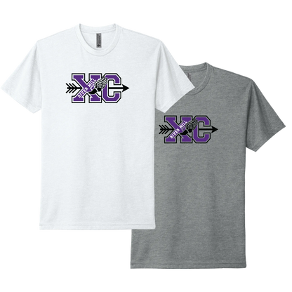River Mill Academy Cross Country Trail Tee shown in White · Dark Heather Grey on a white background.