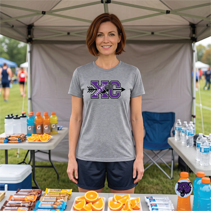 A model wearing the River Mill Academy Cross Country Trail Tee.