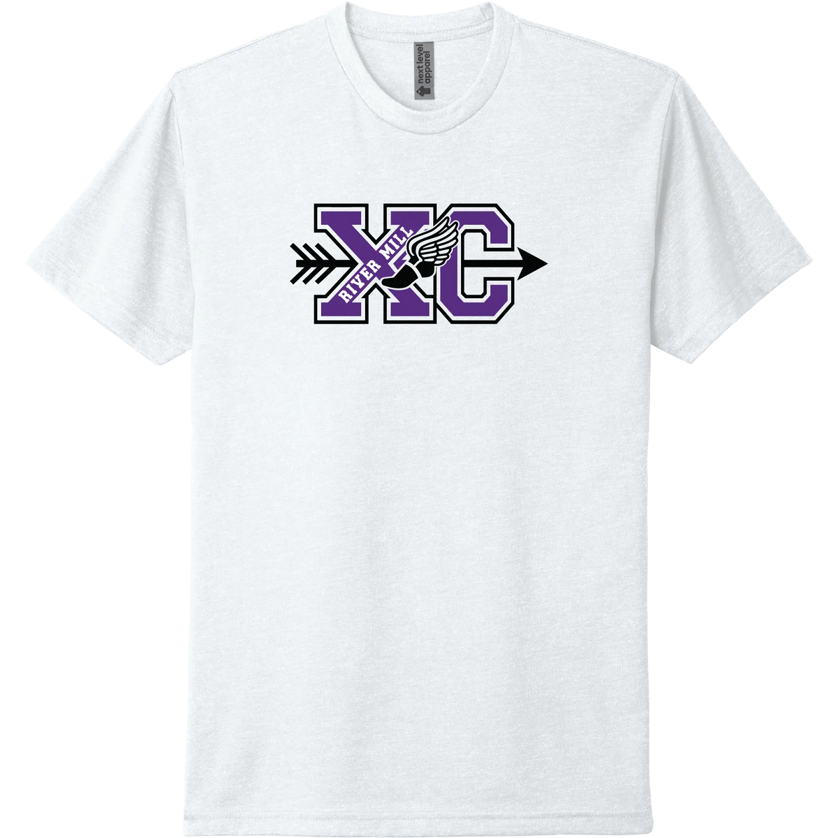 A white short-sleeve tee with a purple River Mill Academy cross country design.