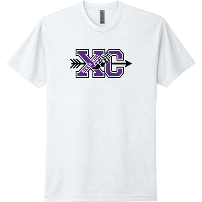 A white short-sleeve tee with a purple River Mill Academy cross country design.