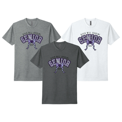 Three short-sleeve crewneck t-shirts shown on a white background: one heather gray, one dark charcoal gray, and one white. Each shirt features a purple and black graphic with the words 'RIVER MALL ACADEMY SENIOR' and a bow with Jaguar mascot in the center knot.