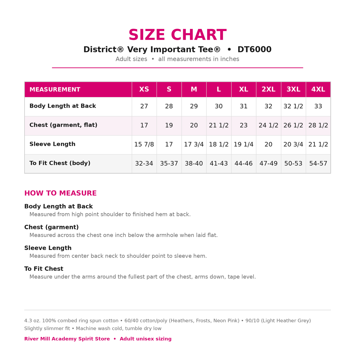 District DT6000 size chart — adult XS–4XL measurements in inches